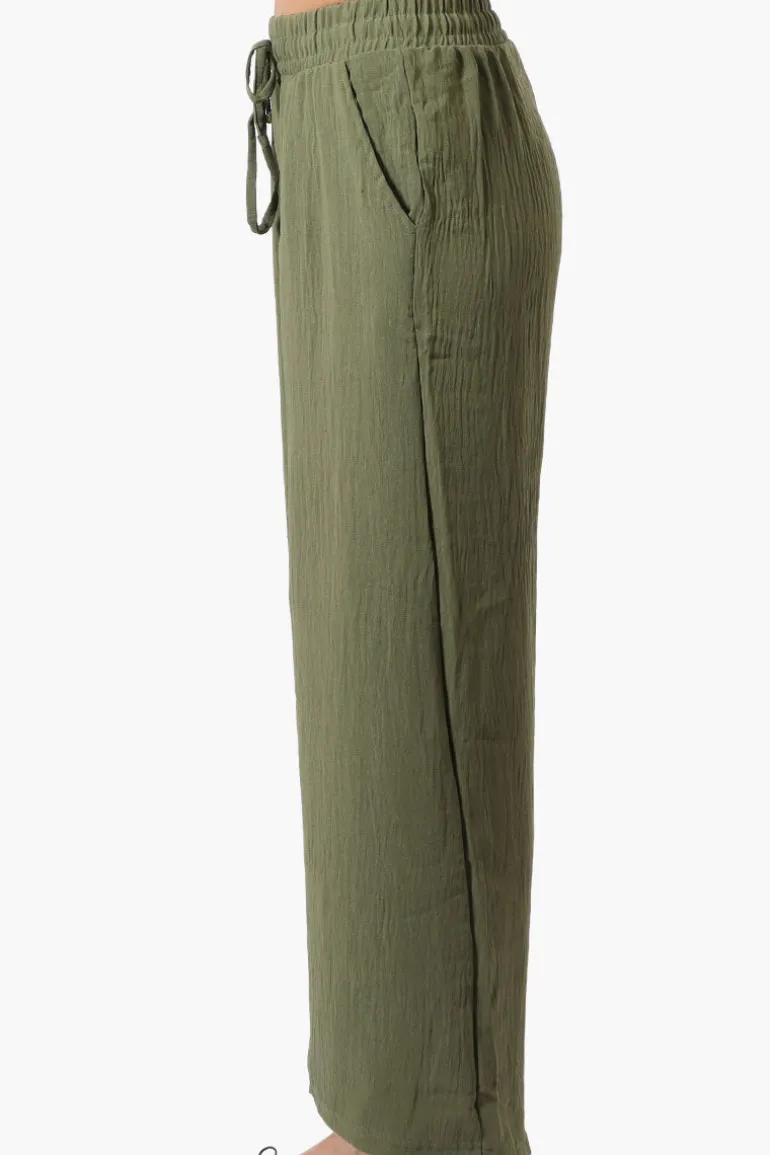 Stylexchange Tie Waist Wide Leg Crinkled Pants - Olive