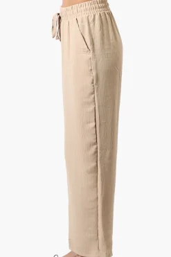 Stylexchange Tie Waist Wide Leg Crinkled Pants - Beige