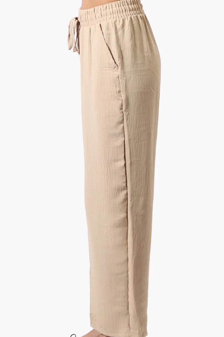 Stylexchange Tie Waist Wide Leg Crinkled Pants - Beige