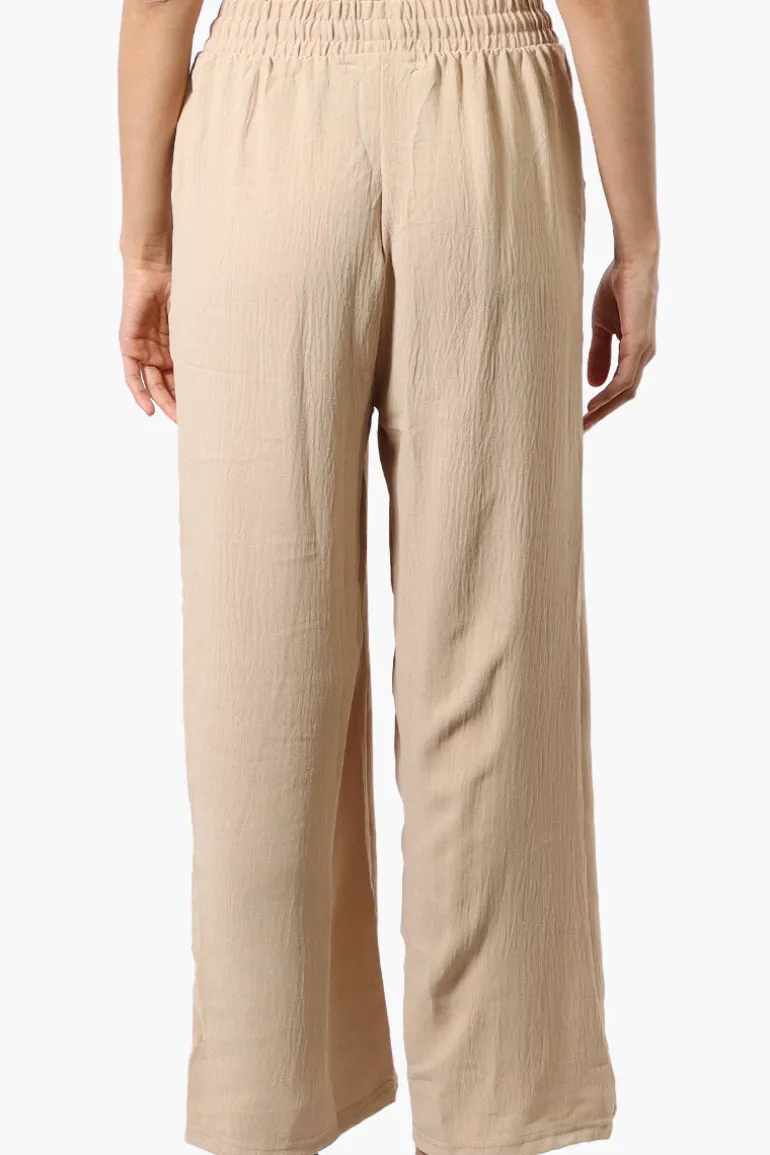 Stylexchange Tie Waist Wide Leg Crinkled Pants - Beige