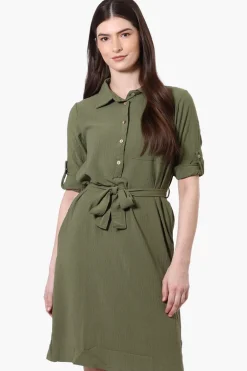 Stylexchange Vintage Belted Roll Up Sleeve Day Dress - Olive