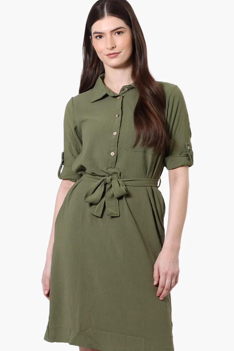 Stylexchange Vintage Belted Roll Up Sleeve Day Dress - Olive