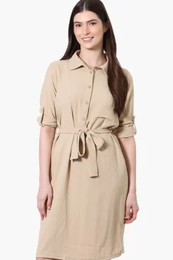 Stylexchange Vintage Belted Roll Up Sleeve Day Dress - Beige