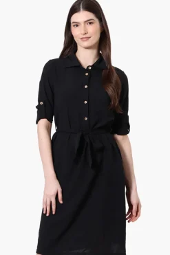 Stylexchange Vintage Belted Roll Up Sleeve Day Dress - Black