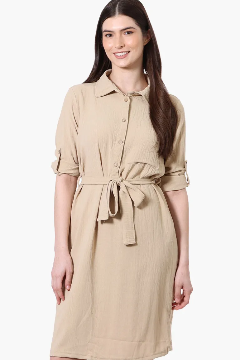 Stylexchange Vintage Belted Roll Up Sleeve Day Dress - Beige