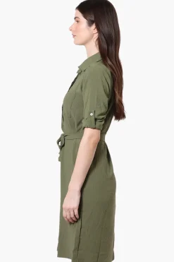 Stylexchange Vintage Belted Roll Up Sleeve Day Dress - Olive