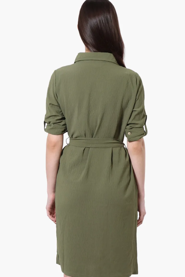 Stylexchange Vintage Belted Roll Up Sleeve Day Dress - Olive