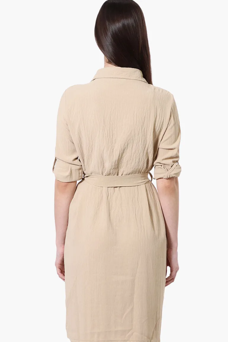Stylexchange Vintage Belted Roll Up Sleeve Day Dress - Beige