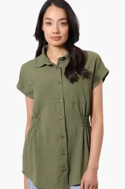 Stylexchange Vintage Cinched Waist Button Down Shirt - Olive