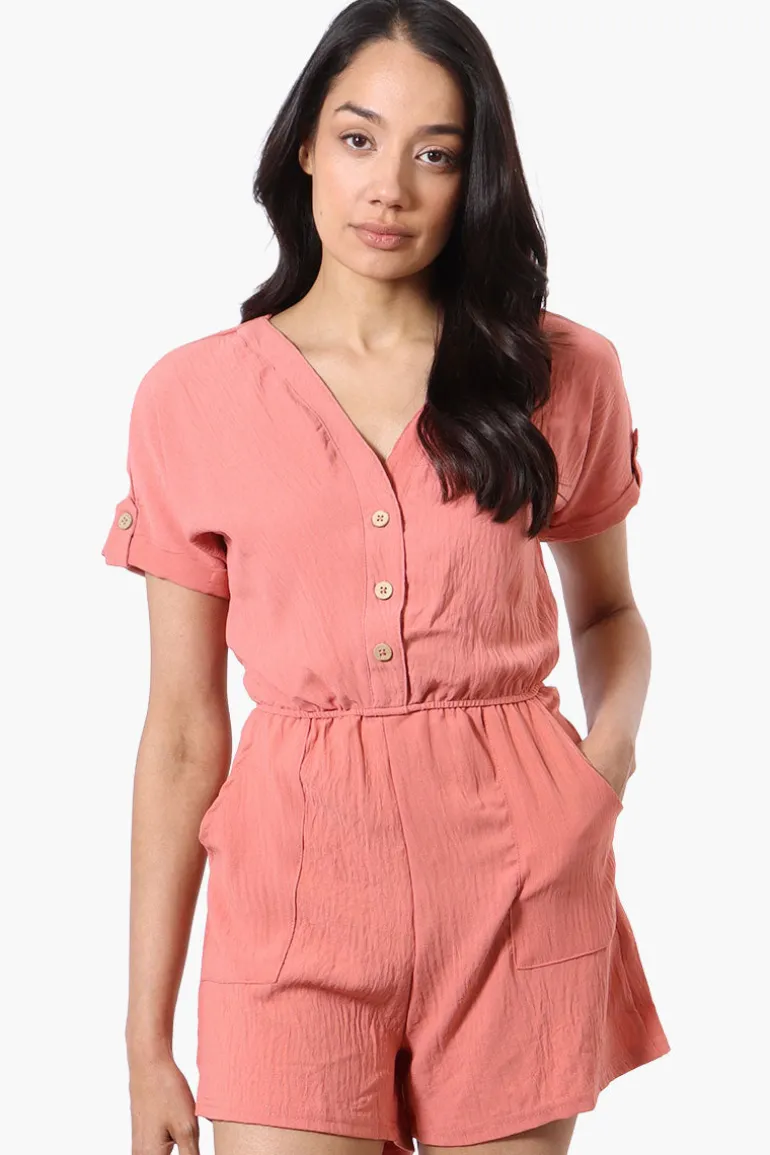 Urbanology Back Tie Button Up Romper - Pink
