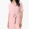 Urbanology Belted Roll Up Sleeve Day Dress - Pink