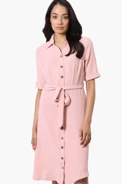 Urbanology Belted Roll Up Sleeve Day Dress - Pink