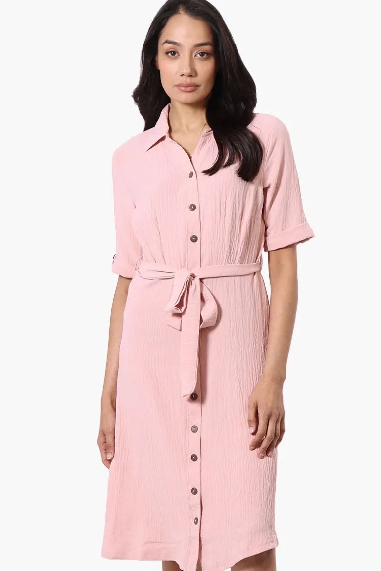 Urbanology Belted Roll Up Sleeve Day Dress - Pink