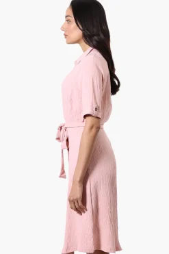 Urbanology Belted Roll Up Sleeve Day Dress - Pink