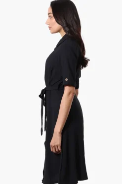 Urbanology Belted Roll Up Sleeve Day Dress - Black