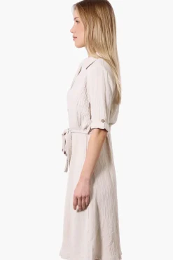 Urbanology Belted Roll Up Sleeve Day Dress - Cream