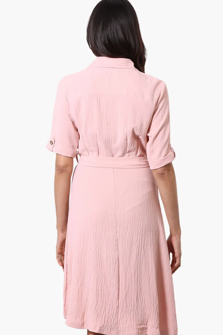 Urbanology Belted Roll Up Sleeve Day Dress - Pink