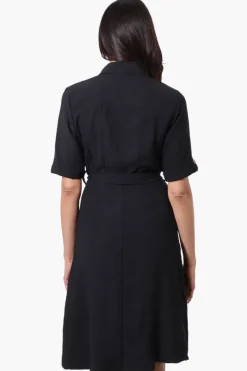 Urbanology Belted Roll Up Sleeve Day Dress - Black