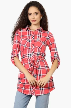 Urbanology Belted Striped Button Down Shirt - Pink