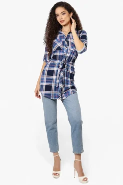 Urbanology Belted Striped Button Down Shirt - Blue