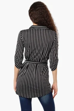 Urbanology Belted Striped Button Down Shirt - Black