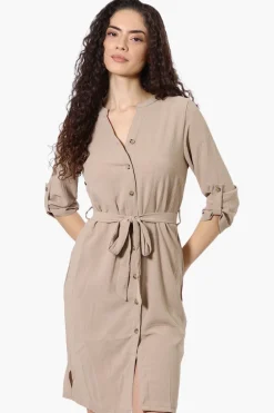 Urbanology Button Down Belted Day Dress - Beige