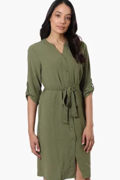 Urbanology Button Down Belted Day Dress - Olive