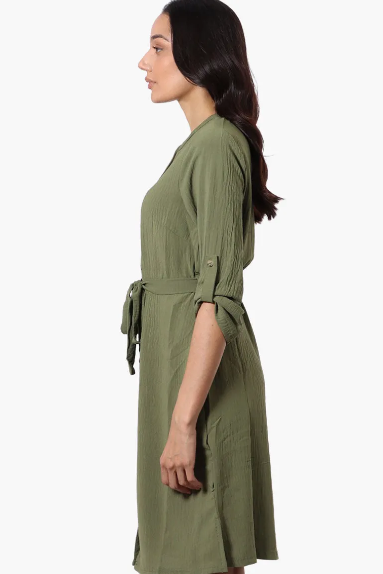 Urbanology Button Down Belted Day Dress - Olive
