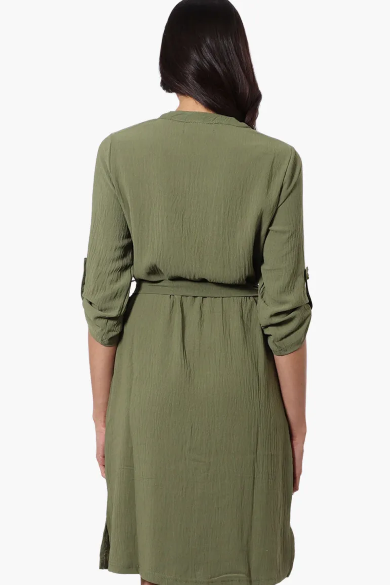 Urbanology Button Down Belted Day Dress - Olive