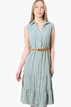 Urbanology Button Down Rope Belt Day Dress - Mint