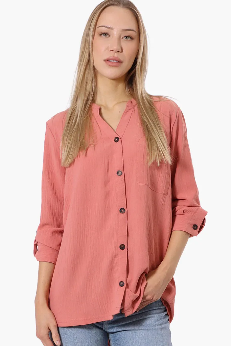 Urbanology Button Down Roll Up Sleeve Shirt - Coral