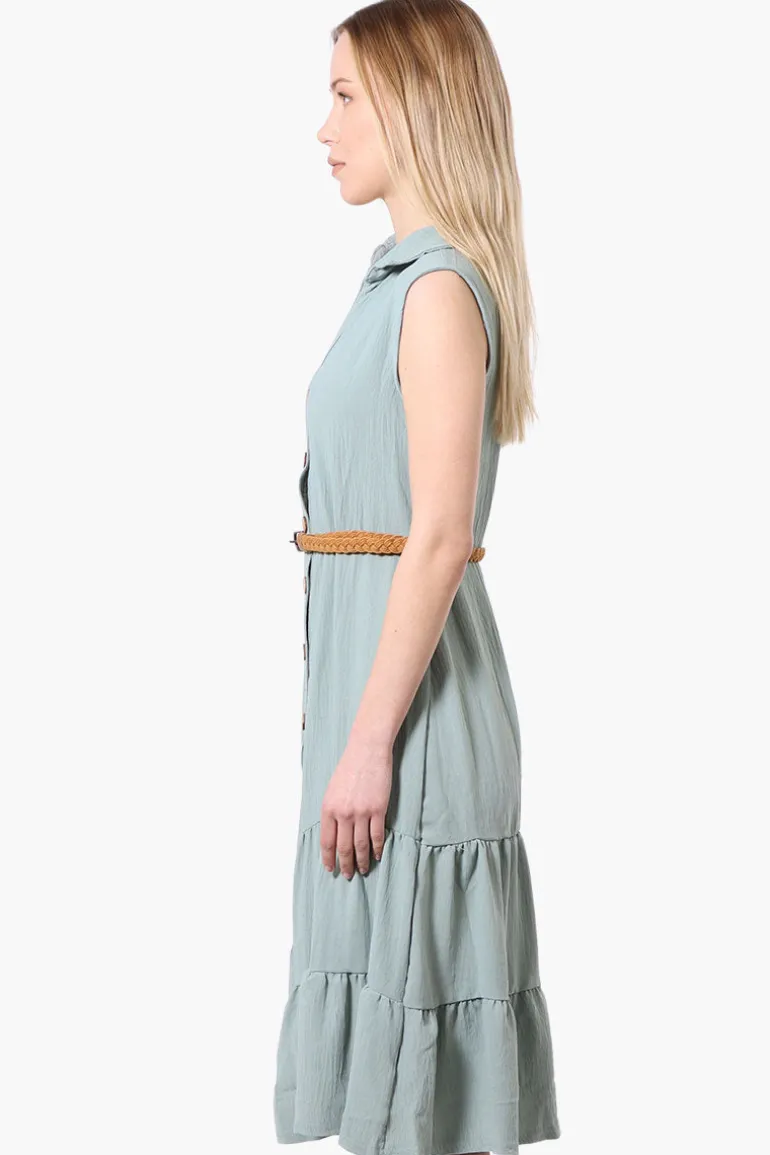 Urbanology Button Down Rope Belt Day Dress - Mint