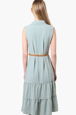 Urbanology Button Down Rope Belt Day Dress - Mint
