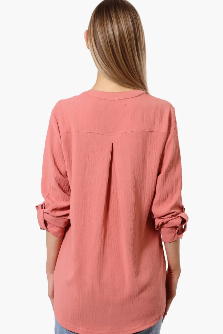 Urbanology Button Down Roll Up Sleeve Shirt - Coral