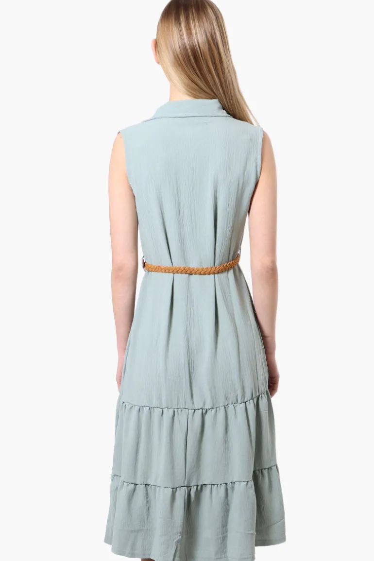 Urbanology Button Down Rope Belt Day Dress - Mint