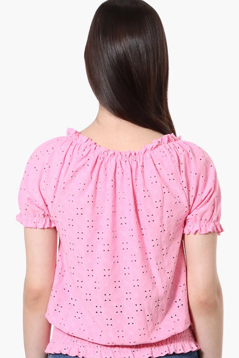 Urbanology Eyelet Drawstring Neck Blouse - Pink