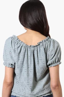 Urbanology Eyelet Drawstring Neck Blouse - Mint