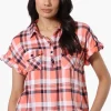 Urbanology Plaid Button Down Short Sleeve Shirt - Pink