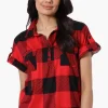 Urbanology Plaid Button Down Short Sleeve Shirt - Red