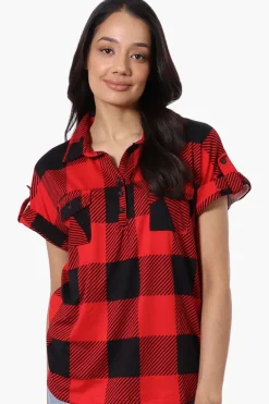 Urbanology Plaid Button Down Short Sleeve Shirt - Red