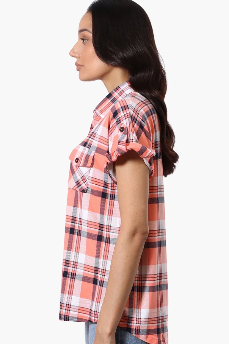 Urbanology Plaid Button Down Short Sleeve Shirt - Pink
