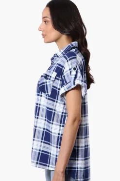 Urbanology Plaid Button Down Short Sleeve Shirt - Navy