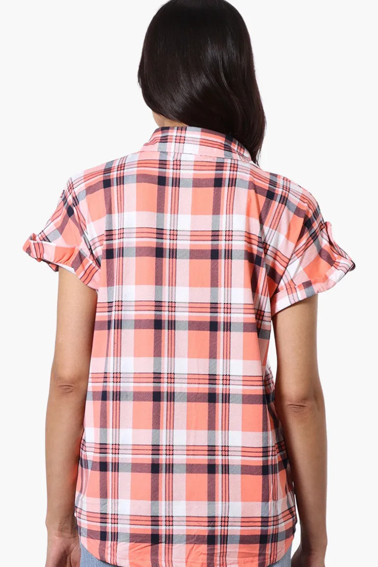 Urbanology Plaid Button Down Short Sleeve Shirt - Pink