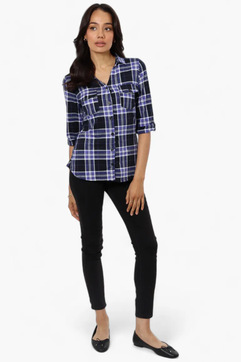 Urbanology Plaid Flap Pocket Button Down Shirt - Navy