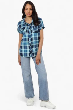 Urbanology Plaid Front Flap Pocket Shirt - Blue