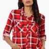 Urbanology Plaid Roll Up Sleeve Button Up Shirt - Red