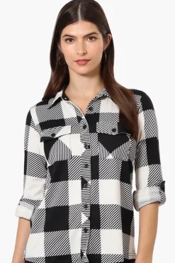 Urbanology Plaid Roll Up Sleeve Button Up Shirt - Black