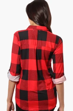 Urbanology Plaid Roll Up Sleeve Button Up Shirt - Red