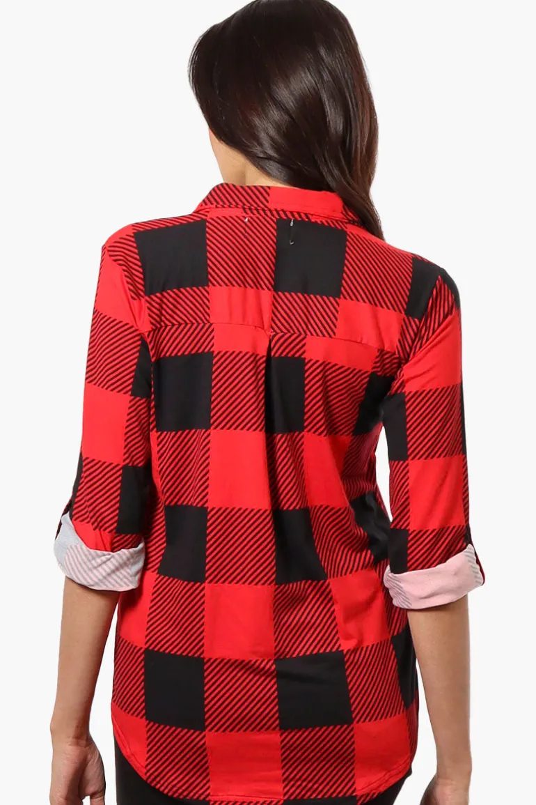 Urbanology Plaid Roll Up Sleeve Button Up Shirt - Red
