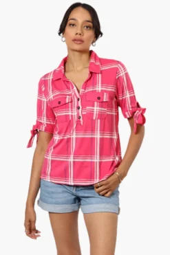 Urbanology Plaid Tie Sleeve Shirt - Pink